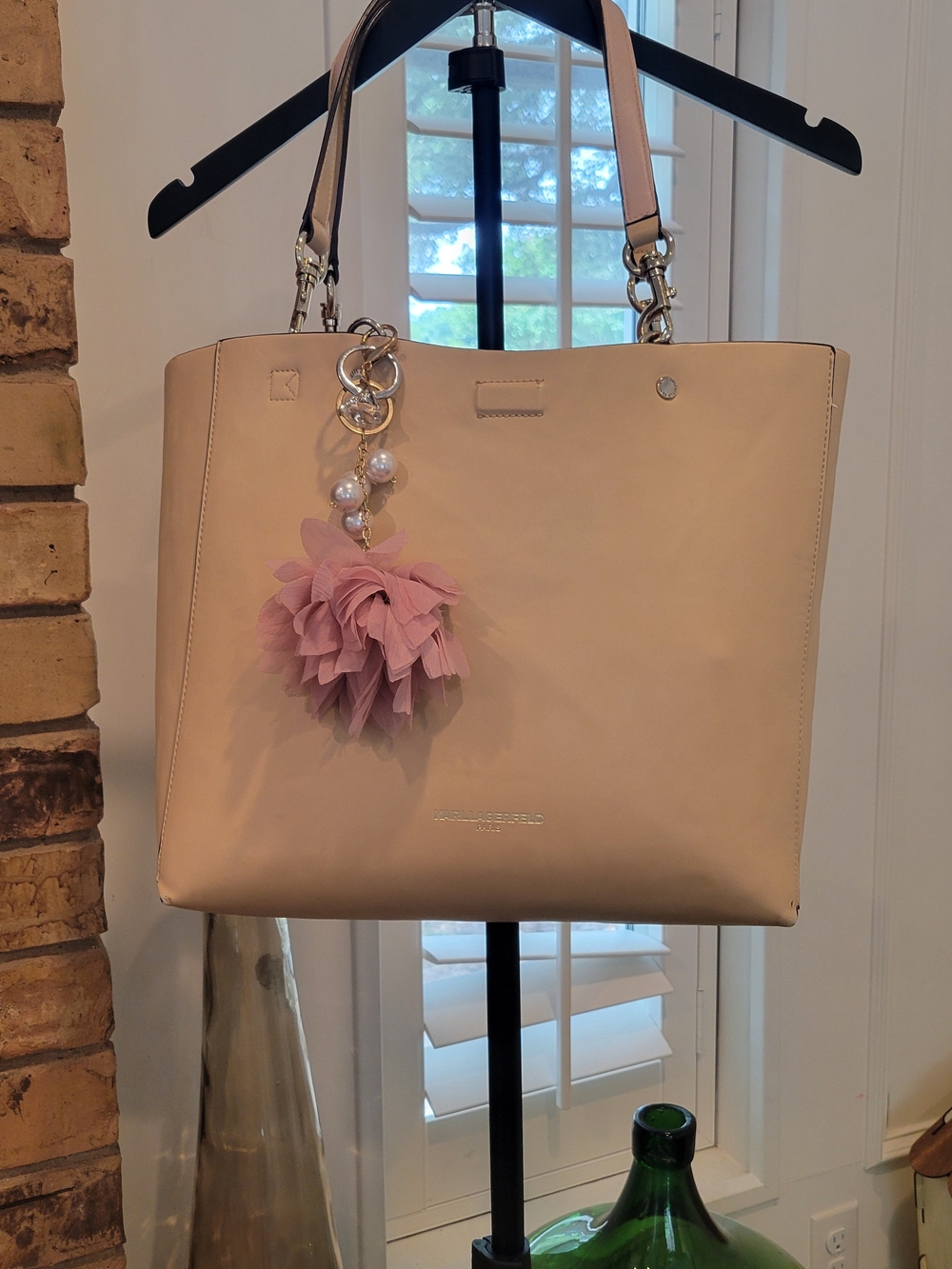Karl Lagerfeld Blush Pink Leather Tote with Floral Charm